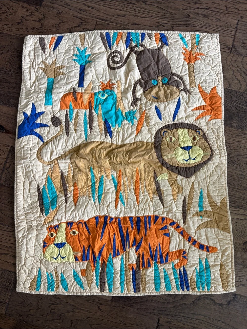 Safari Animal Quilt - Lion, Tiger & Monkey Motif - Cream Background (35.5 x 46)